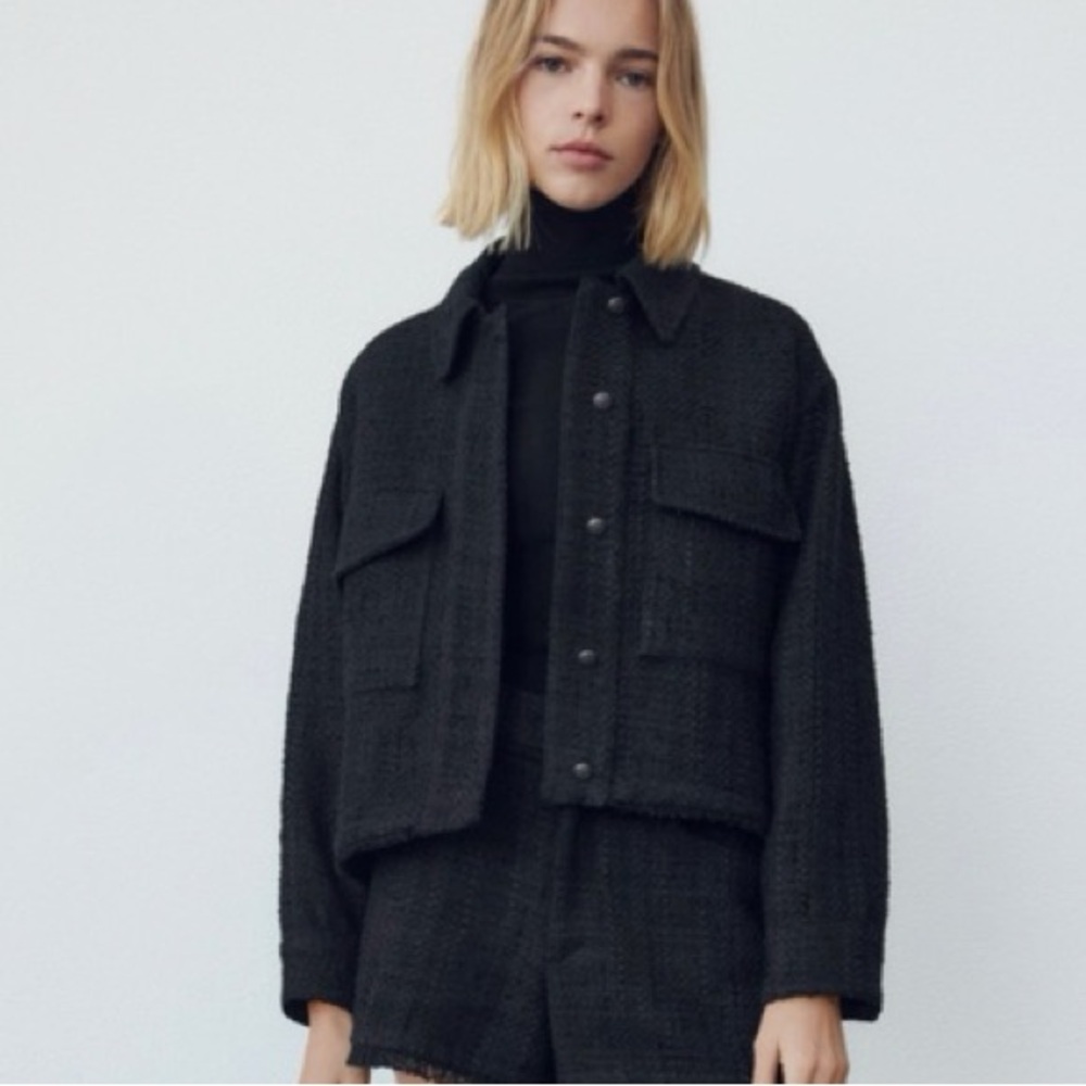 Zara Black Cropped Tweed Jacket